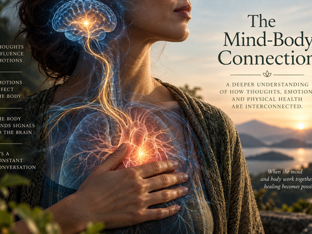 Woman with a hand over her heart, showing an illustrated connection between the brain, nervous system and heart to represent the mind-body connection.