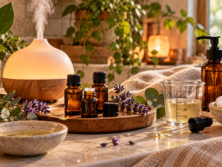 Essential oil safety setup with a diffuser, amber oil bottles, carrier oil, dropper and measuring tools for proper dilution and safe home aromatherapy use.