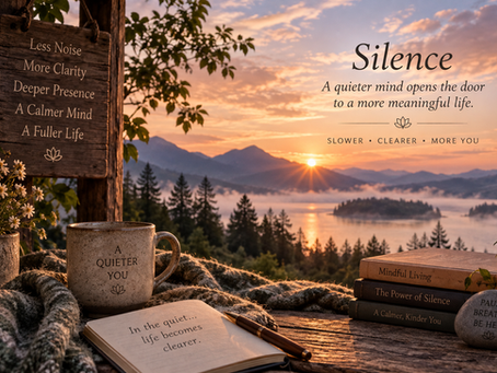 Quiet mountain lake at sunrise with a journal and warm drink, representing the practice of silence, inner reflection, clarity and mindful presence.