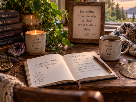 Open journal with self-reflection prompts on a peaceful writing desk with a candle, tea and plants, representing journaling for inner clarity and self-awareness.
