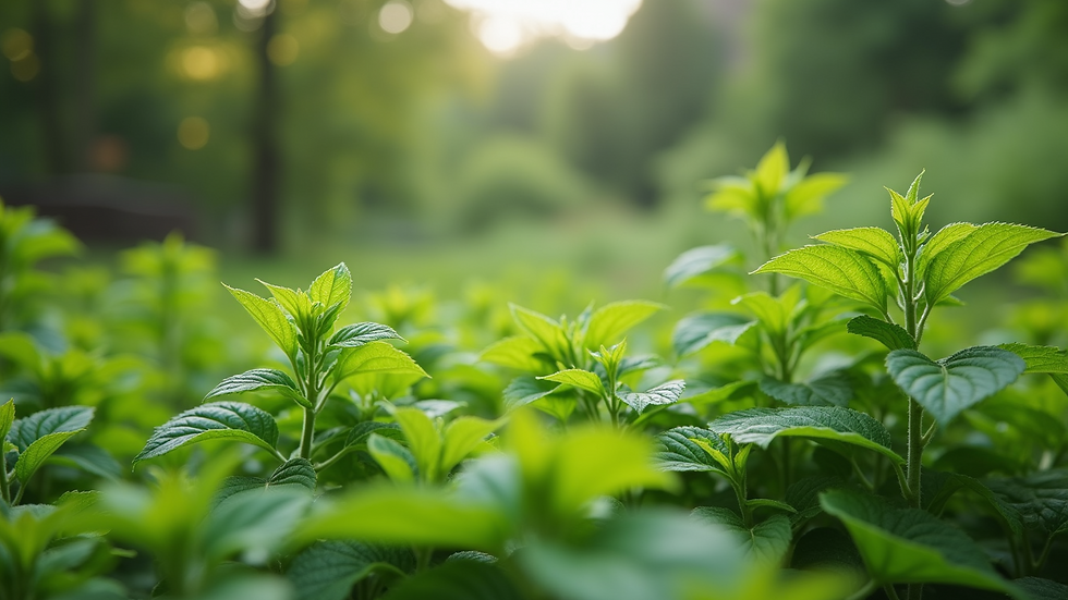 Eye-level view of a serene herbal garden with vibrant green plants