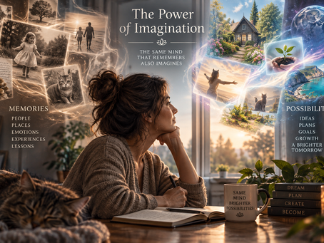 Woman reflecting at a desk as memories and imagined future possibilities appear around her, representing mental imagery, memory, visualization and the power of imagination.