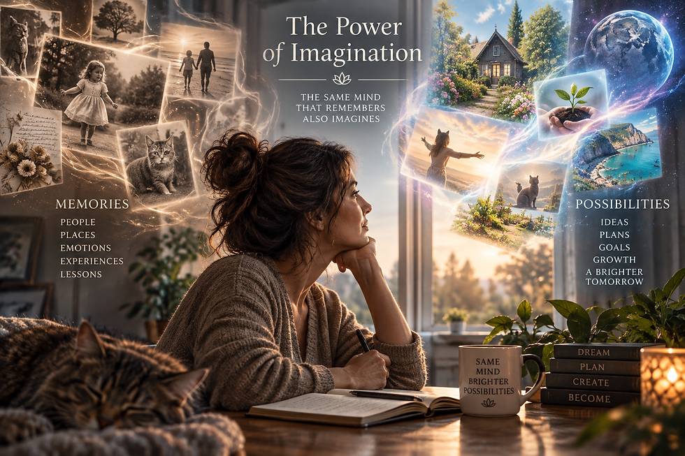 Woman reflecting at a desk as memories and imagined future possibilities appear around her, representing mental imagery, memory, visualization and the power of imagination.