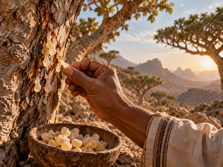 Frankincense resin being harvested by hand from a Boswellia tree in a dry mountainous landscape, with collected resin tears in a bowl below.