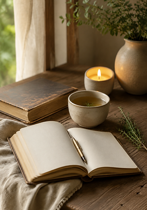 Open journal, ancient book, herbal tea and candle in a peaceful reflection space