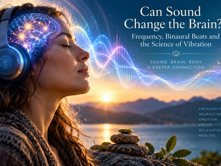 Woman listening through headphones as sound waves and brain activity illustrate how sound, frequency and binaural beats may affect the brain.