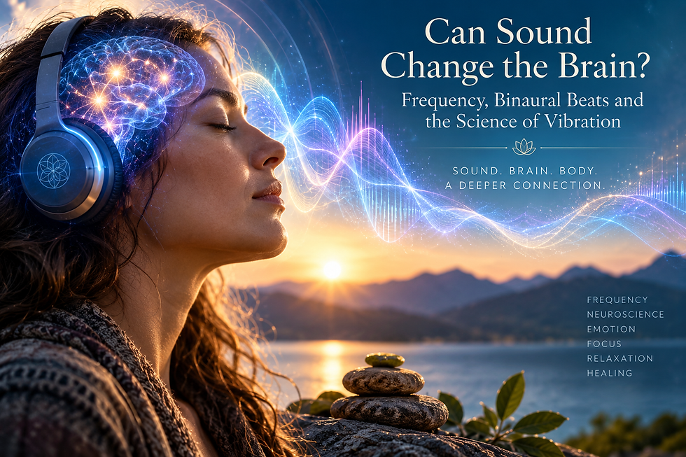 Woman listening through headphones as sound waves and brain activity illustrate how sound, frequency and binaural beats may affect the brain.
