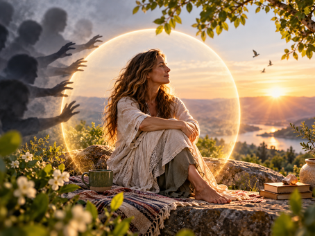 Woman sitting peacefully within a glowing protective circle, symbolizing personal boundaries, self-respect, emotional space and inner peace.