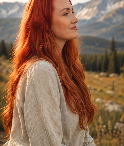 Red-haired woman thoughtfully viewing a peaceful mountain landscape.