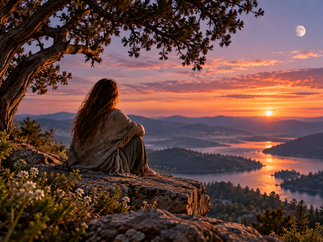 A woman sitting alone beneath a tree overlooking a peaceful mountain lake at sunset, representing solitude, quiet reflection and time spent reconnecting with oneself.