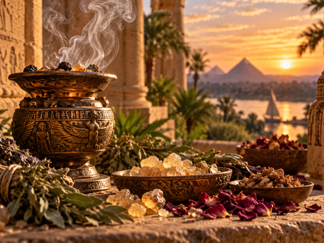 Ancient aromatic resins, herbs and incense burning in an ornate vessel beside an Egyptian temple, representing the ancient history of aromatherapy and fragrant plant traditions.
