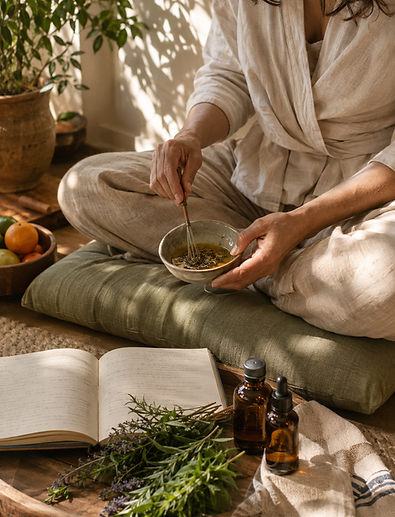 Woman preparing an herbal wellness blend beside a journal, fresh herbs and essential oils