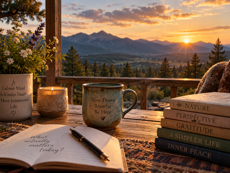 Quiet mountain porch at sunset with a journal, candle and tea, representing balance, reflection and intentional living
