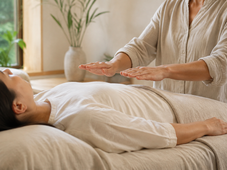 Reiki practitioner holding her hands above a person resting in a peaceful treatment room