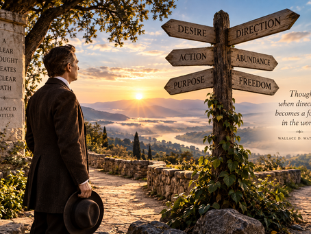 Symbolic crossroads at sunrise representing Wallace D. Wattles’ ideas about desire, direction, purposeful action, abundance and creating a chosen path in life