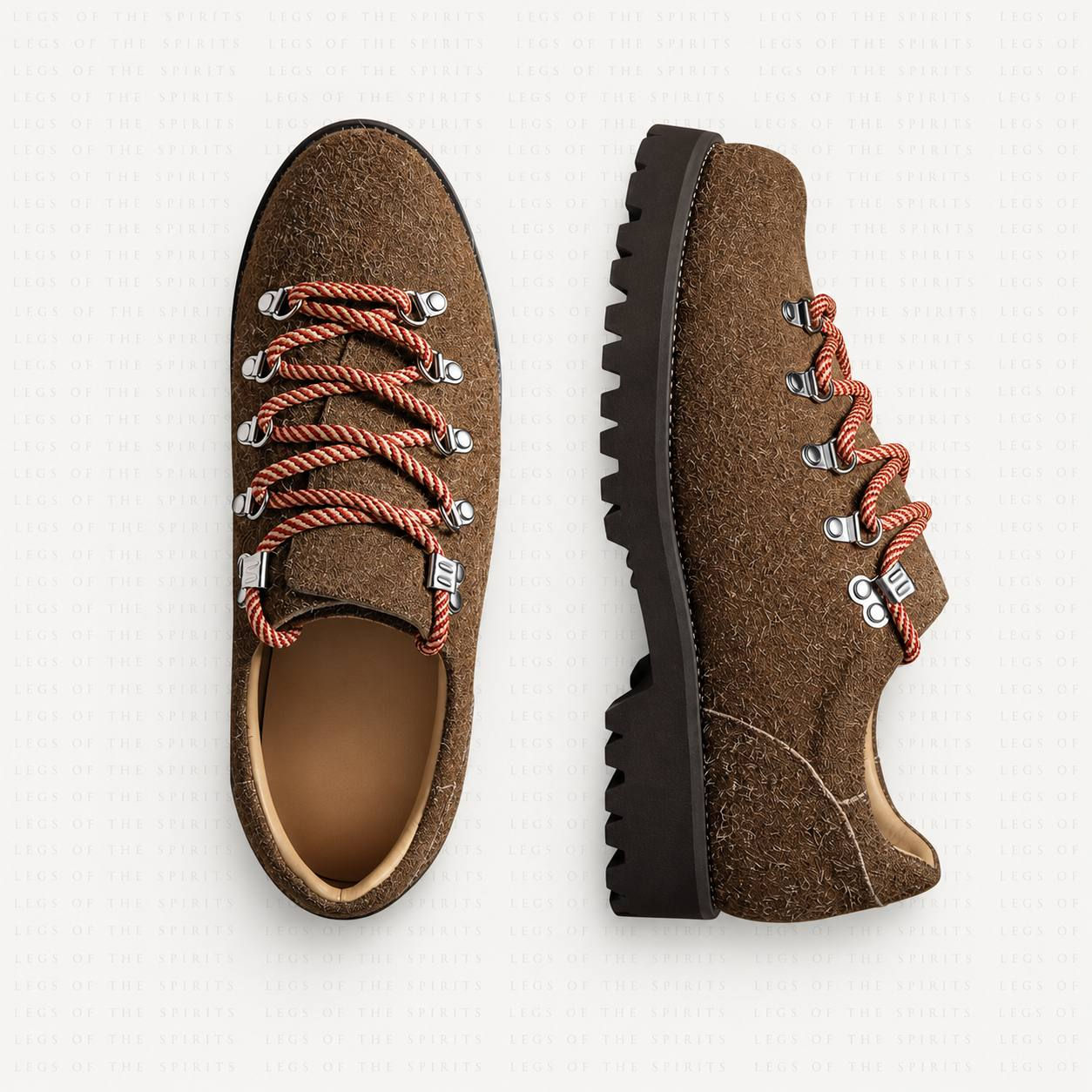 Handmade sand-brown suede Derby shoes with rope laces and black lug soles by LOTS × THOM WILLS.