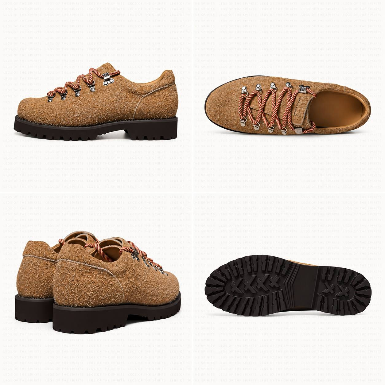 Handmade sand-brown suede Derby shoes with rope laces and black lug soles by LOTS × THOM WILLS.