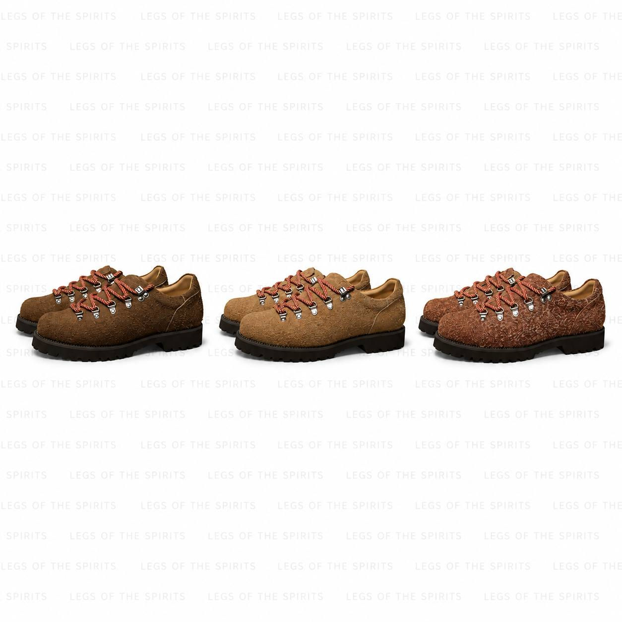 Handmade sand-brown suede Derby shoes with rope laces and black lug soles by LOTS × THOM WILLS.