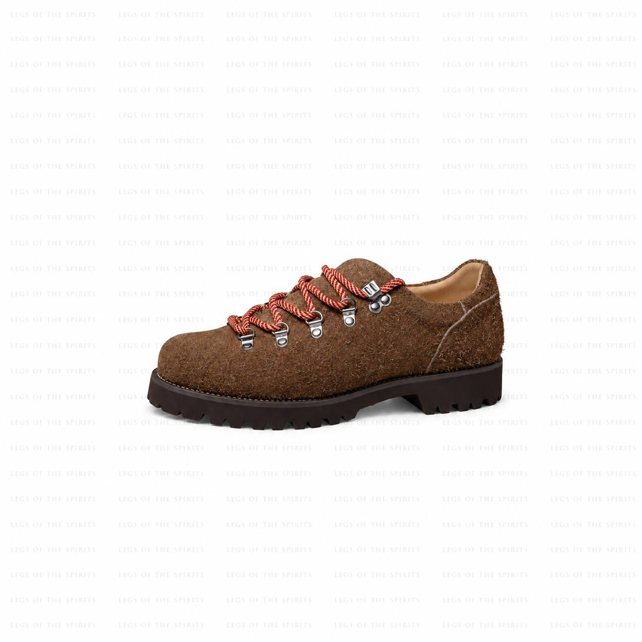 Handmade sand-brown suede Derby shoes with rope laces and black lug soles by LOTS × THOM WILLS.