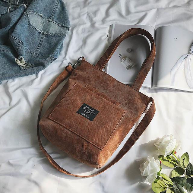 Thumbnail: Women Corduroy Shoulder Bags Striped Cloth Fabric Handbags Casual Zip 