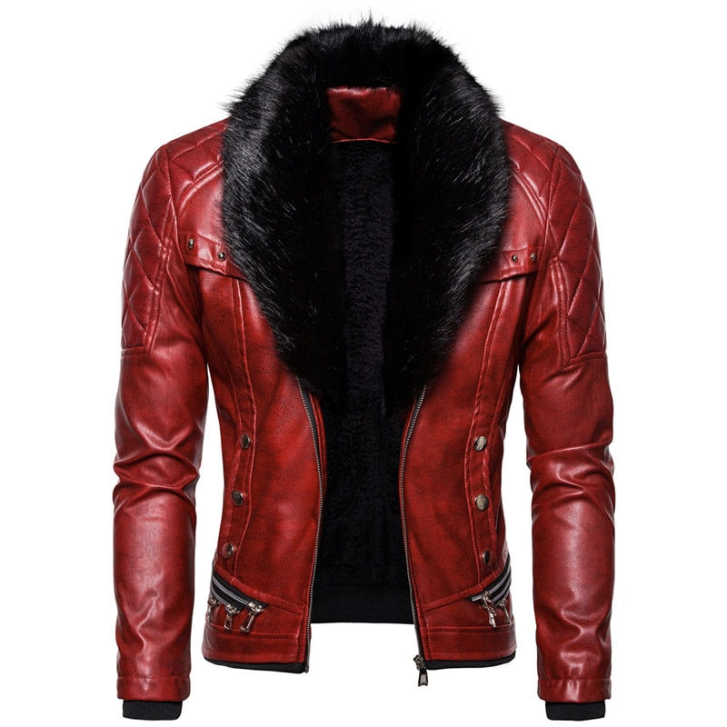 Miniaturbild: Leather Jacket Men Autumn Turn Down Fur Collar Removable Slim Fit Coats
