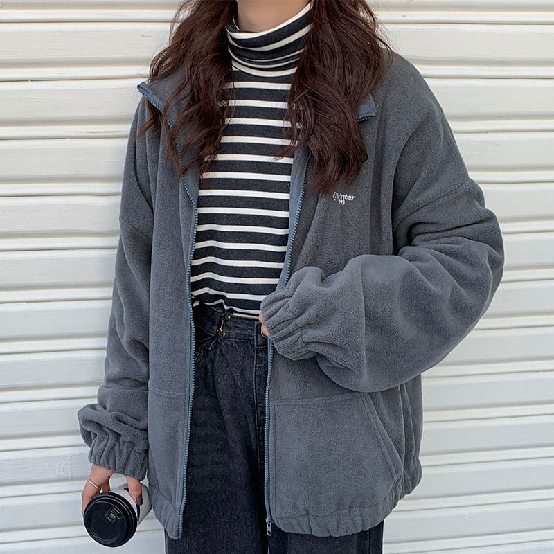 Miniaturbild: Women Fleece Hoodies Autumn Streetwear Zip-up Oversize Sweatshirt Jacket 