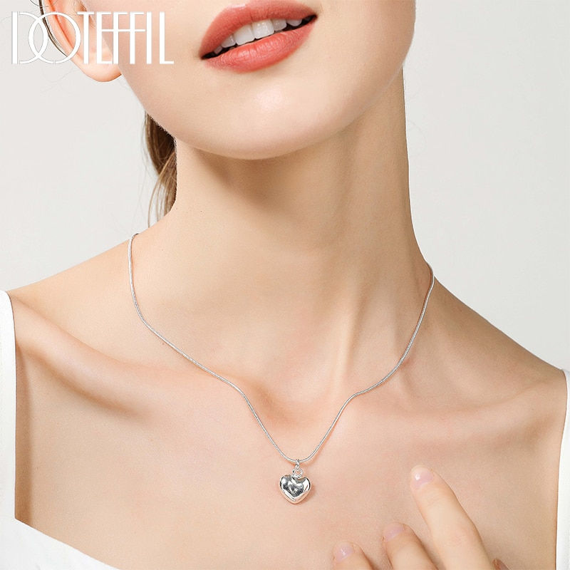 925 Sterling Silver Solid Small Heart Pendant Necklace Snake Chain For Women