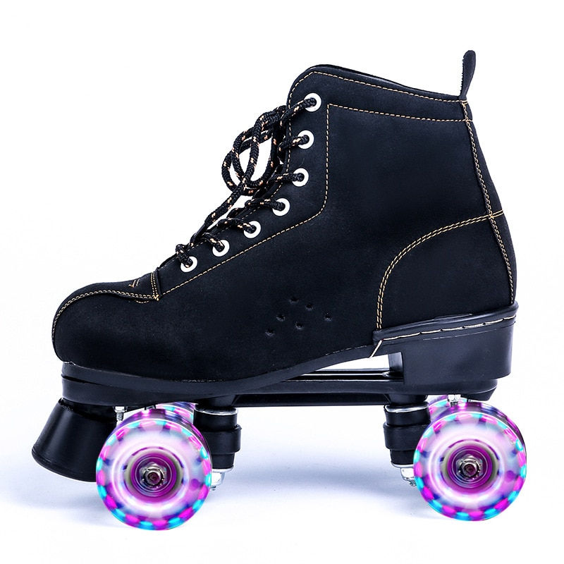 Black Lether Roller Skates Shoes 4-Wheel Flash Man Woman Europe Size 36-45