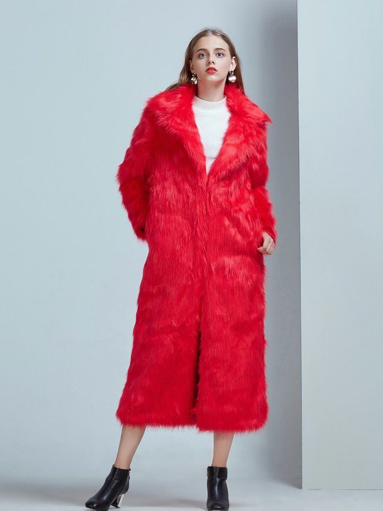 섬네일: High Street Luxury Long Faux Fur Coat Women Vintage Slim Red Pink Faux fur Coat
