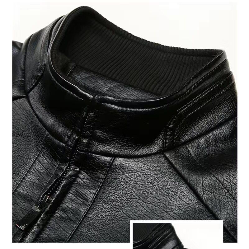 섬네일: Men Leather Jacket Stand Collar Plus Velvet Thick Warm Leather Jacket