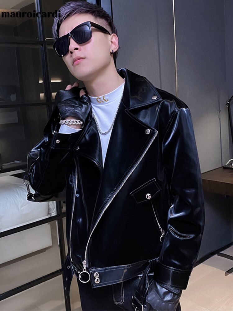 Miniature : Black Shiny Reflective Patent Leather Biker Jacket Men Belt Zipper Plus Size