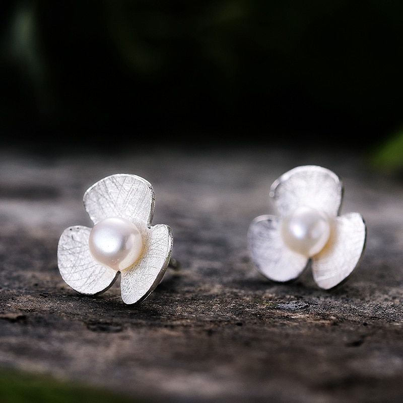 섬네일: Real 925 Sterling Silver Natural Pearl Earrings Fine Jewelry 18K Gold Clover 