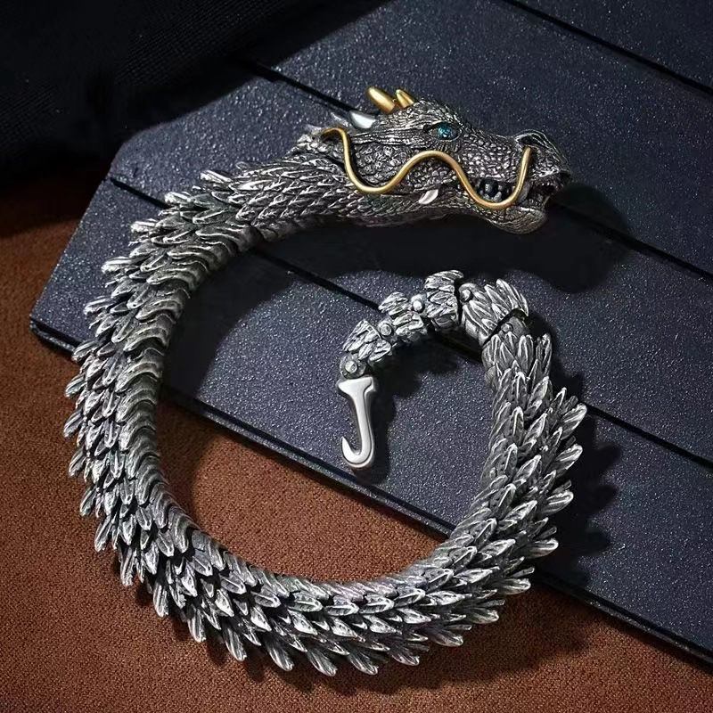 Thumbnail: Domineering Handmade Personality Retro Thai Silver Three-dimensional Dragon Hea