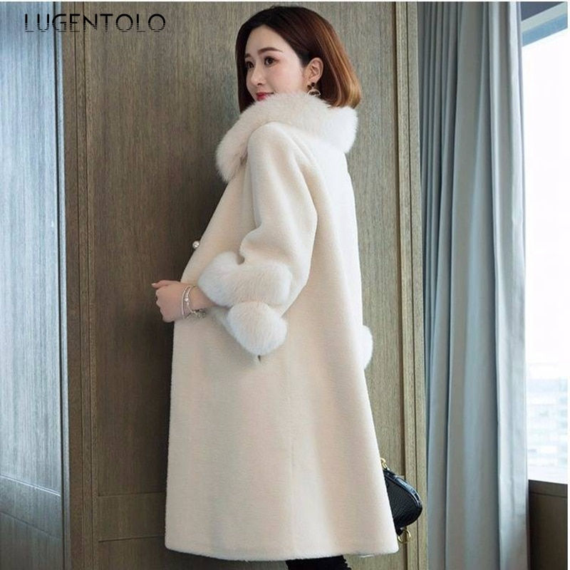 Thumbnail: Faux Fur Long Coat Autumn Winter Solid Loose Imitation Fox Fur Collar Cashmere 