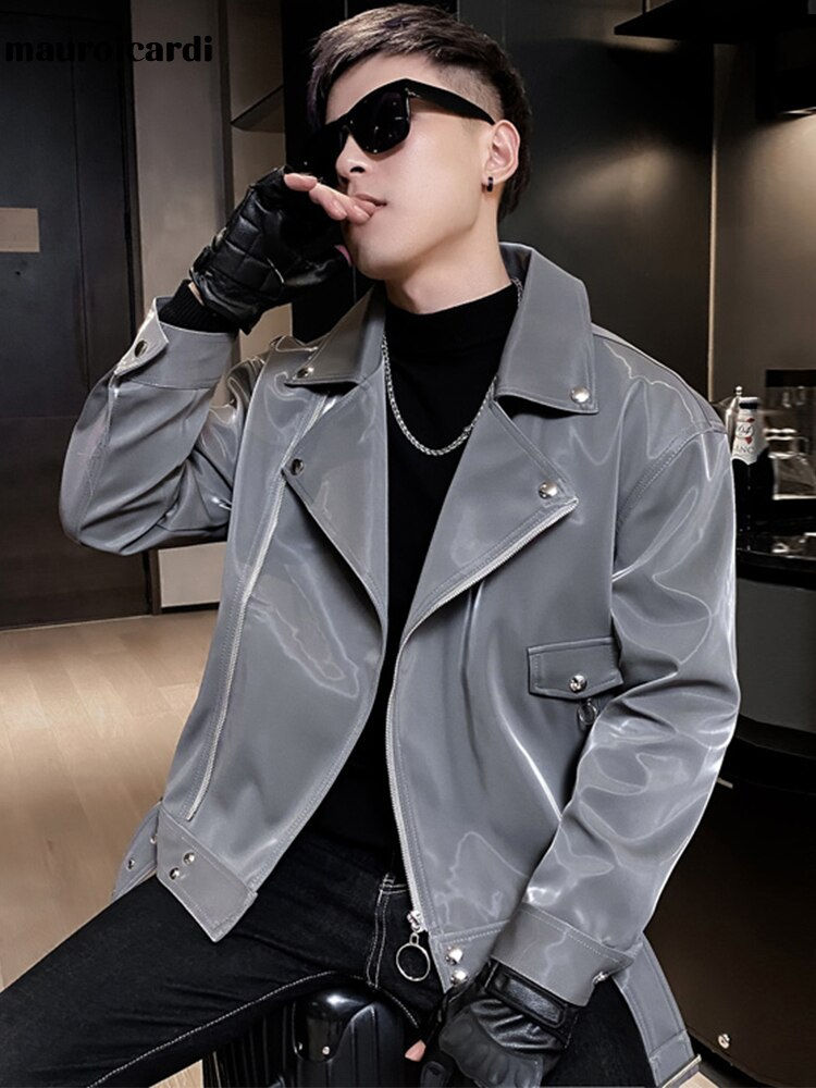 Miniature : Black Shiny Reflective Patent Leather Biker Jacket Men Belt Zipper Plus Size