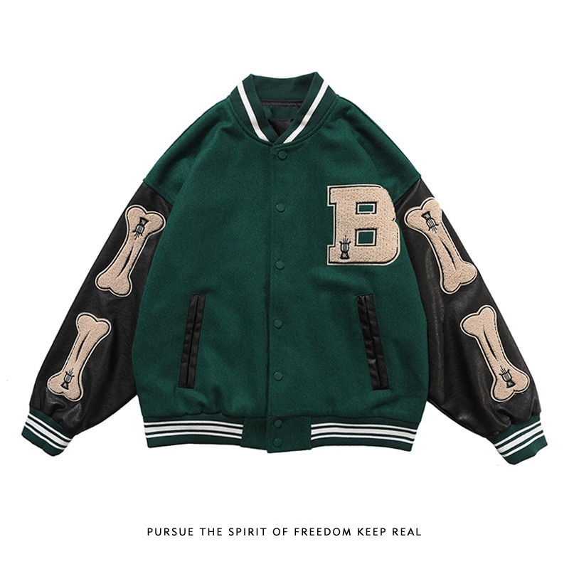 Thumbnail: Leather Stitching Jacket Couple Style Fashion Brand Flocking Embroidery 