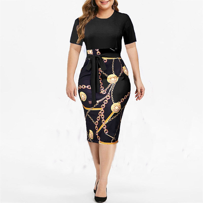 Thumbnail: Vintage Print  Knee-length Dress Womens  Short Sleeve Elegant Dresses Sexy 