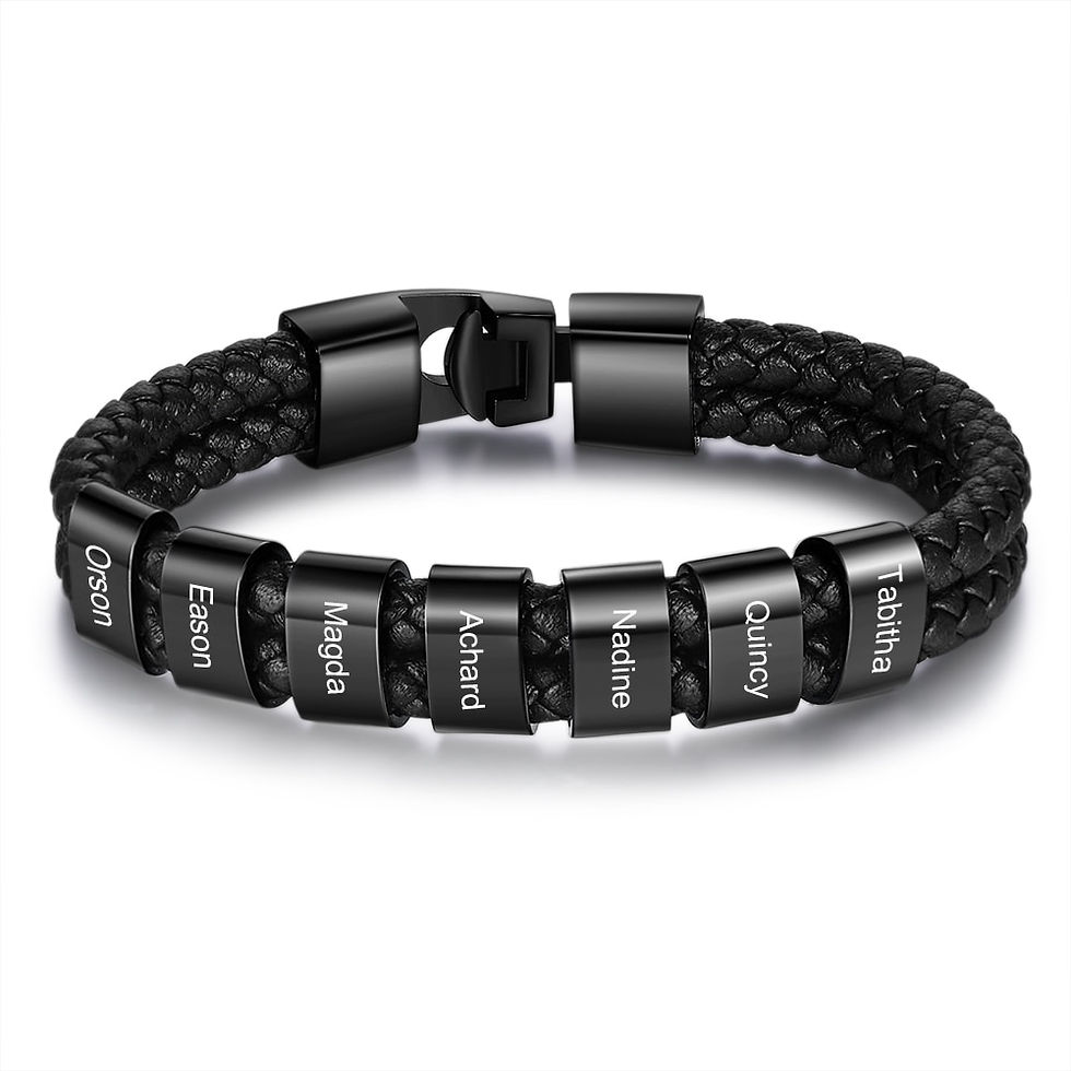 Miniaturbild: Personalized Engraved Family Name Beads Bracelets Black Braided Leather
