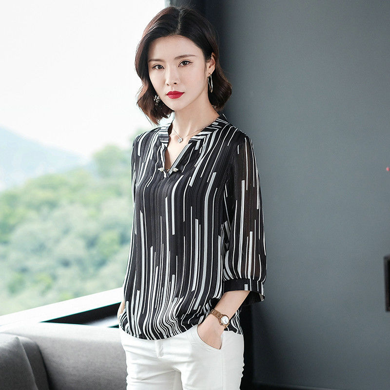 Miniature : Women's Style Chiffon Blouses Blouses Shirt Women's Striped V-neck 