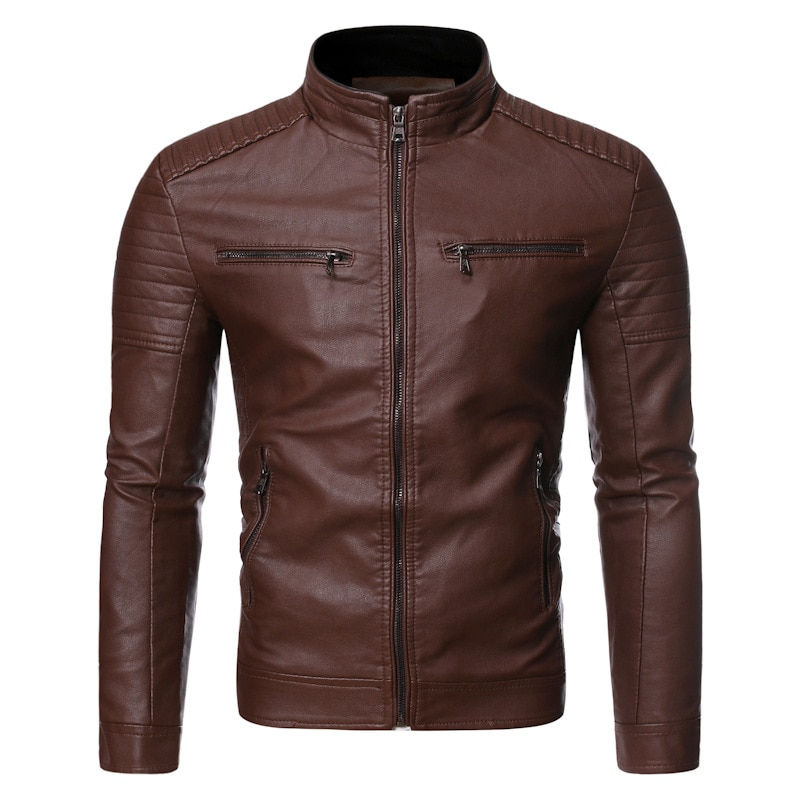 Miniature : Vintage Leather Jacket Coat Men Spring Outfit Design  Pocket Pu Leather Jacket 