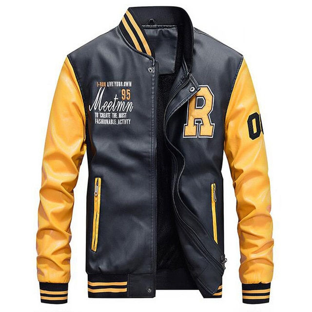 Miniature : Jackets Men Stand Moto Biker Leather Jacket Men Fleece Thicken Faux Leather
