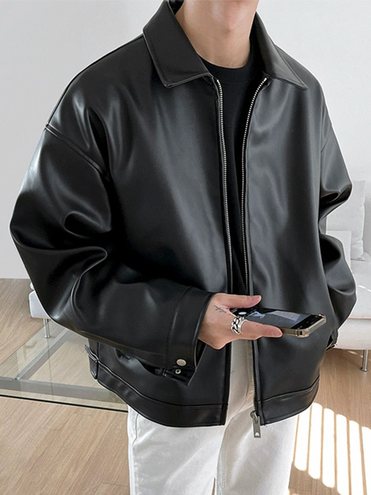 Short Black Soft Light Pu Leather Jacket Men Zipper Casual Mens Jackets