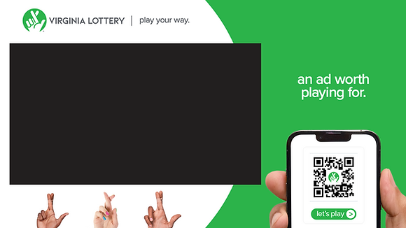 Virginia Lottery ad with QR code, 'play your way' text, and crossed fingers