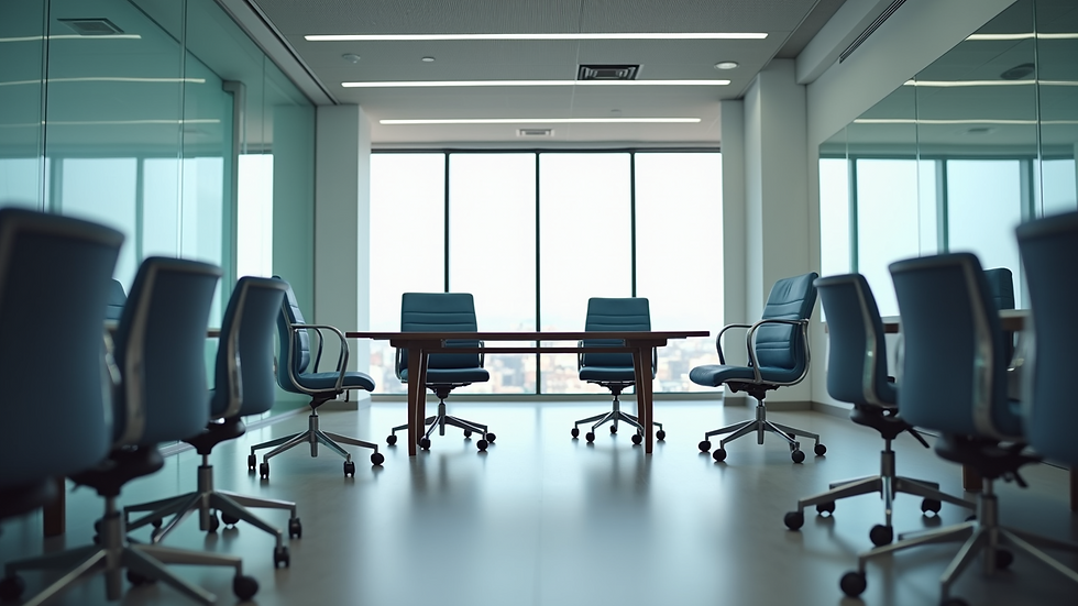 Eye-level view of a modern office meeting room with empty chairs around a table