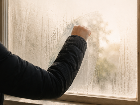 Persona despejando con el antebrazo el empañamiento de una ventana mientras comienza a entrar la luz.