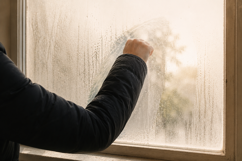 Persona despejando con el antebrazo el empañamiento de una ventana mientras comienza a entrar la luz.