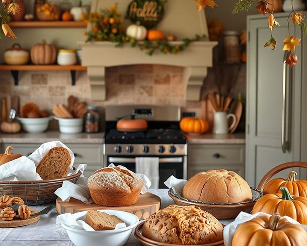Cozy kitchen with breads and baked goods around framed with a fall Thanksgiving theme_edit
