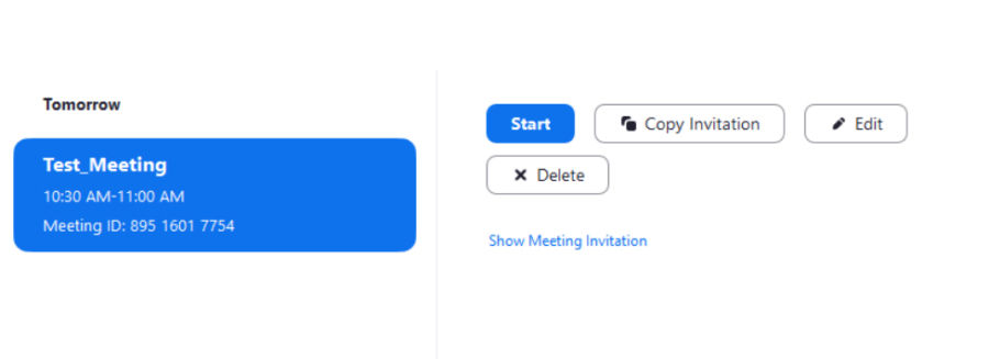 Meeting invitation titled "Test_Meeting" scheduled for 10:30 AM-11:00 AM; options to start, copy, edit, or delete. Meeting ID: 895 1601 7754.