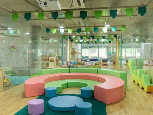 Inside a colorful childcare center.