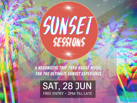 Sunset Sessions 027 event poster by Coco House Bros, promoting the June 28, 2025 beach party at Vaiana’s Beach Bar in Rarotonga, part of the five-part 2025 house music series.